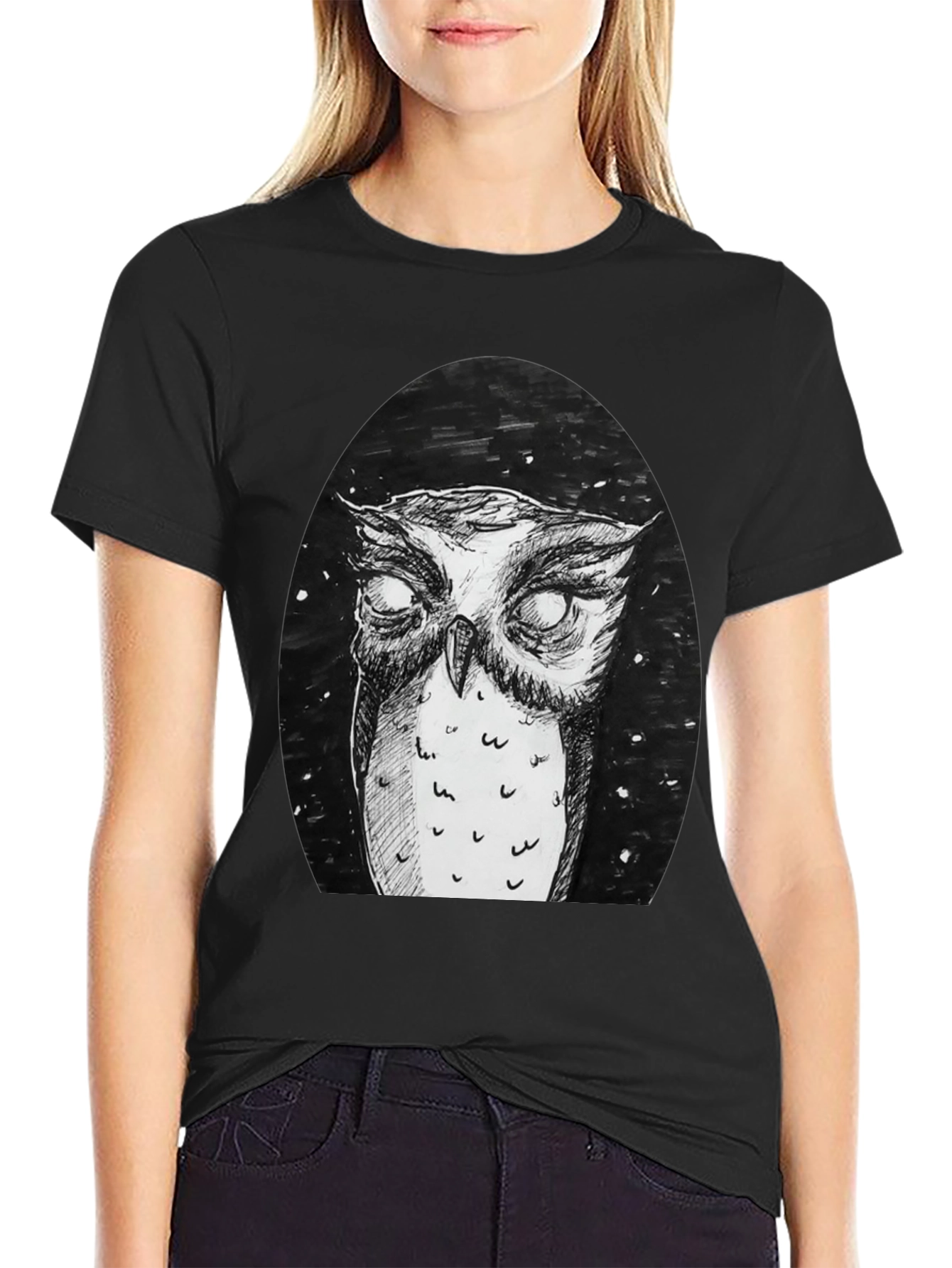 Owl Graphic Tee - Black Cotton T-Shirt