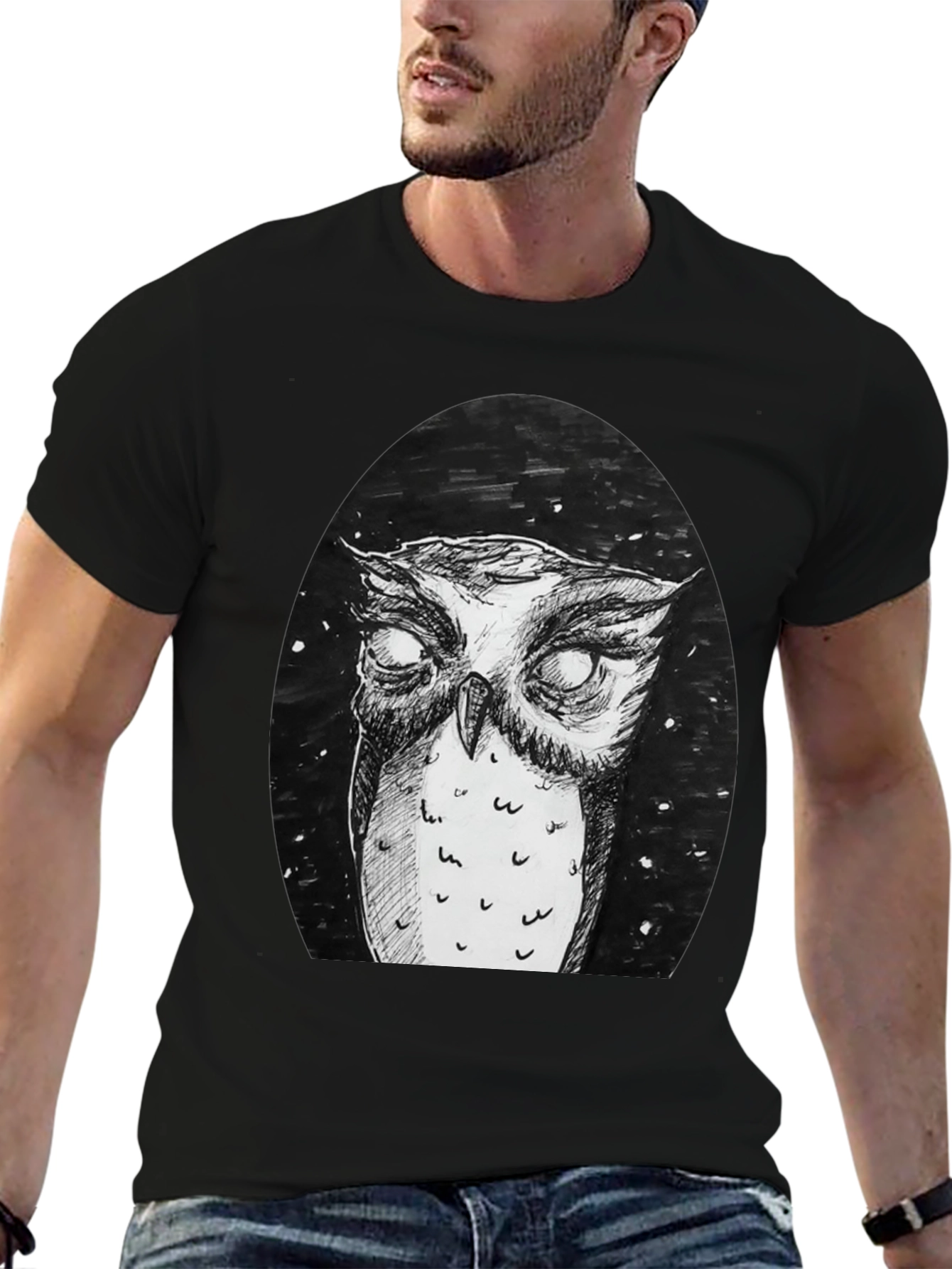 Owl Graphic Tee - Black Cotton T-Shirt