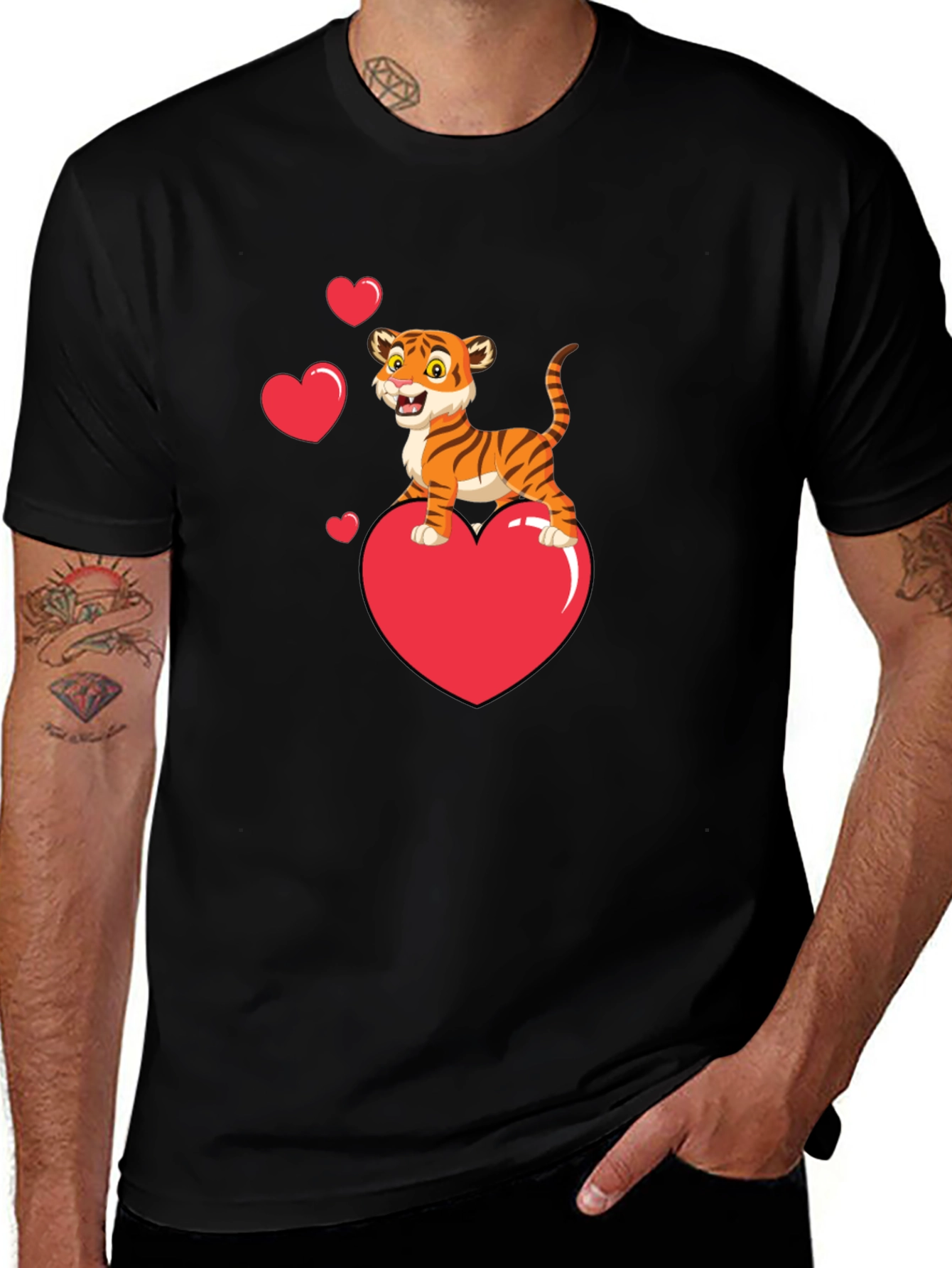 Cute Tiger on Heart Valentines Black T-Shirt