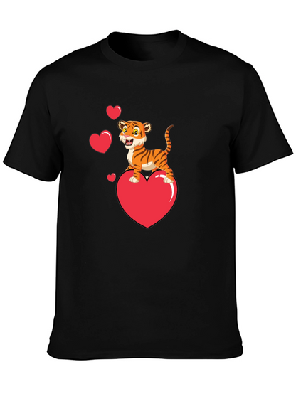 Cute Tiger on Heart Valentines Black T-Shirt