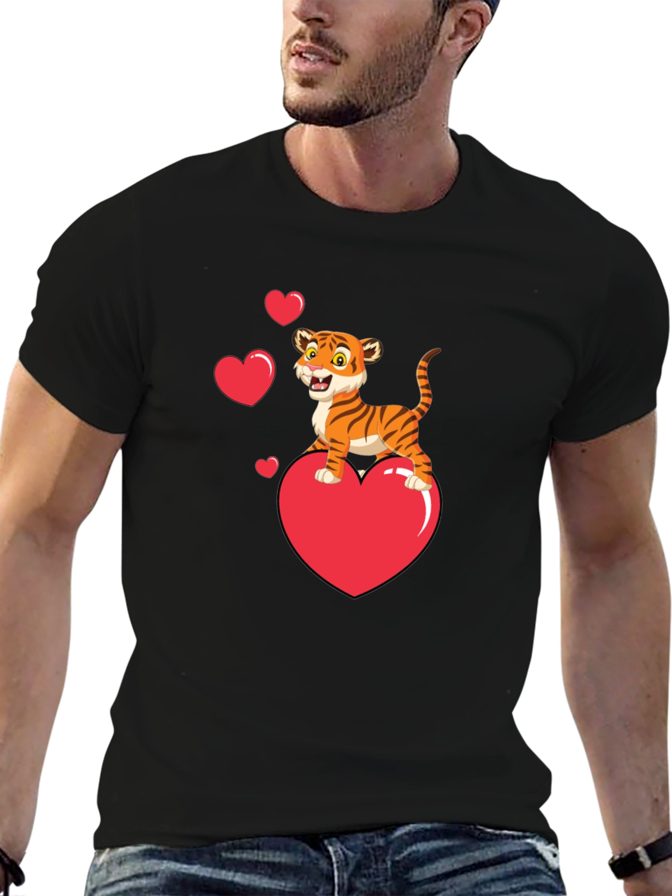 Cute Tiger on Heart Valentines Black T-Shirt