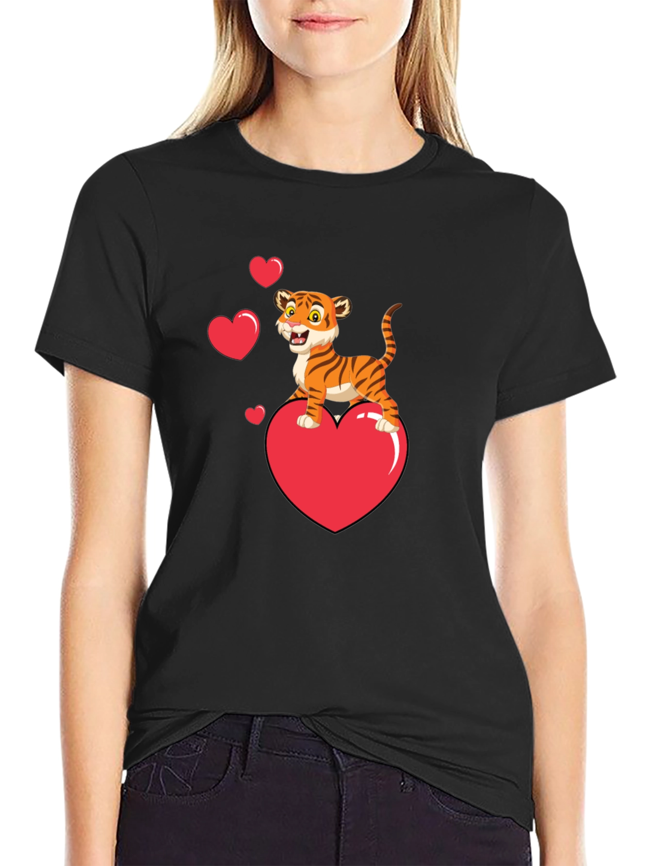 Cute Tiger on Heart Valentines Black T-Shirt