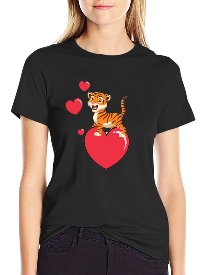 Cute Tiger on Heart Valentines Black T-Shirt