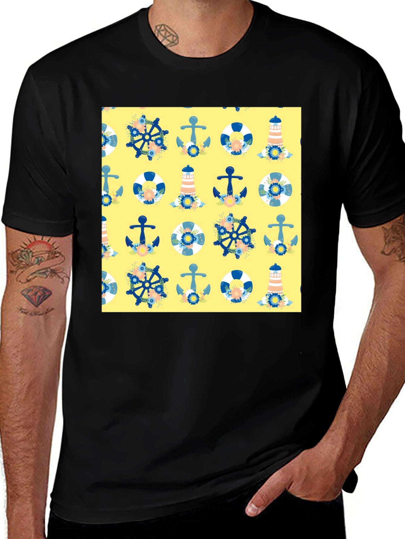 Nautical Pattern T-Shirt - Anchor Wheel Life Preserver