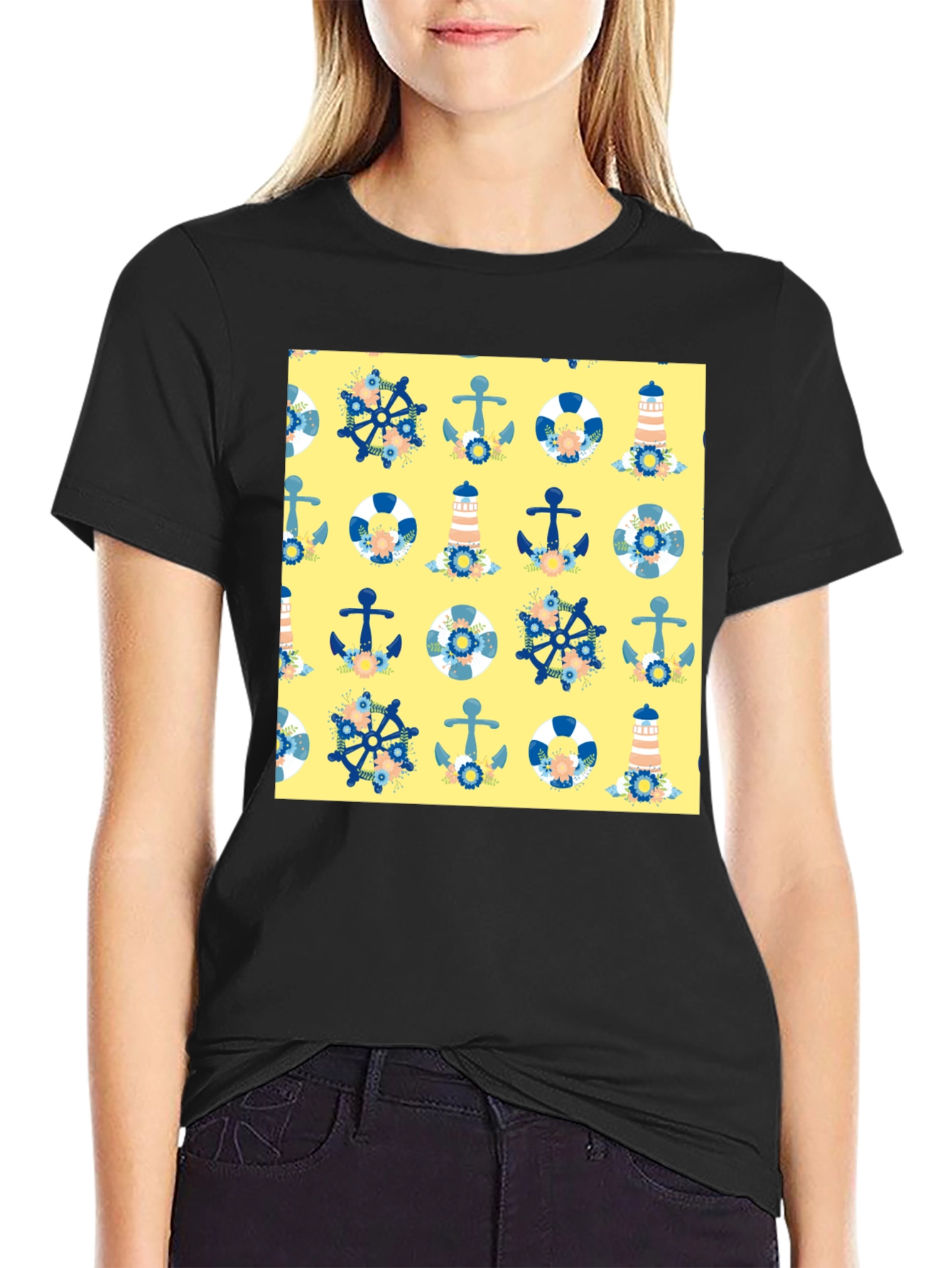 Nautical Pattern T-Shirt - Anchor Wheel Life Preserver