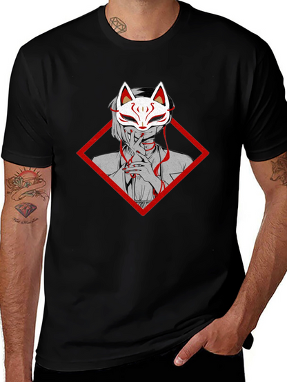 Anime Fox Mask Graphic Tee - Black Cotton T-Shirt