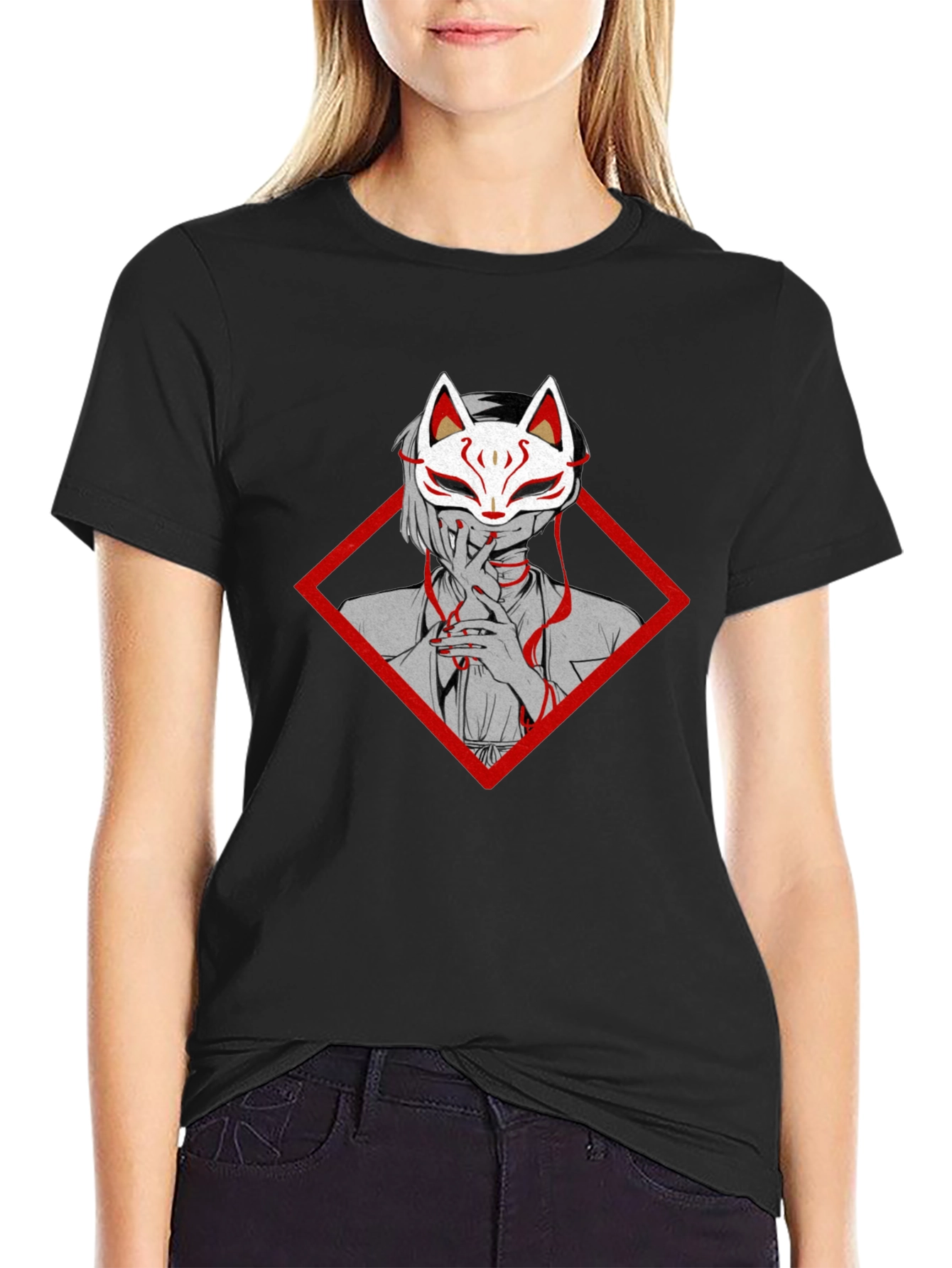Anime Fox Mask Graphic Tee - Black Cotton T-Shirt