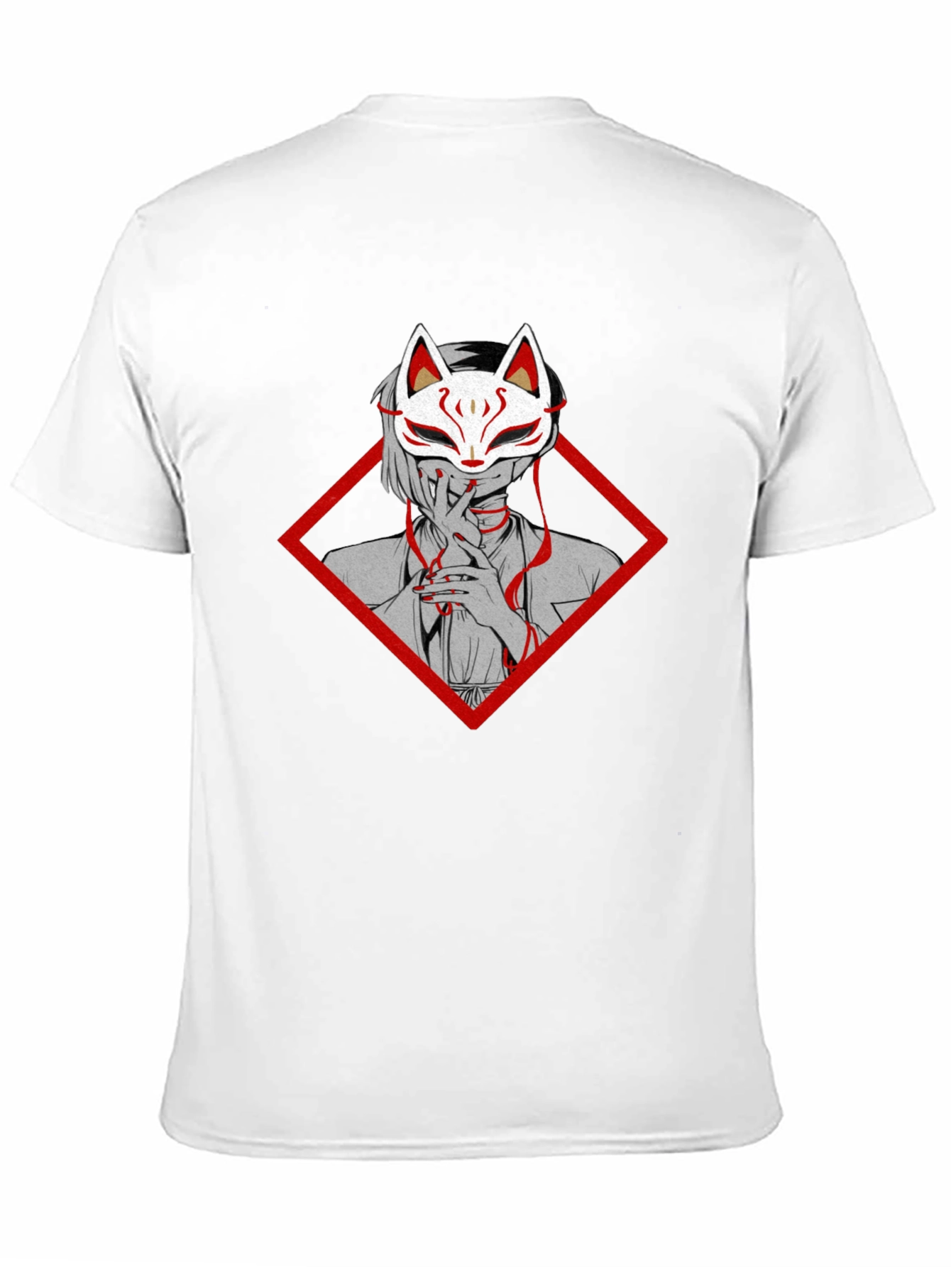 Anime Fox Mask Graphic Tee - Black Cotton T-Shirt
