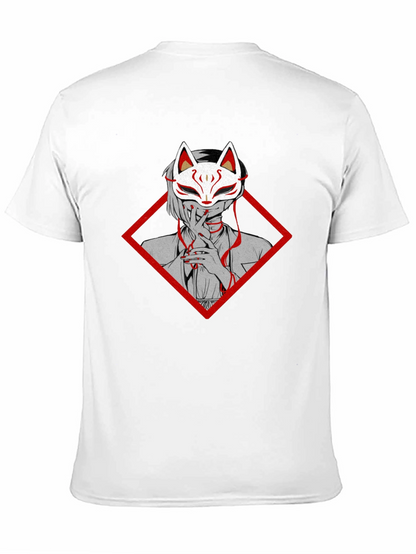 Anime Fox Mask Graphic Tee - Black Cotton T-Shirt