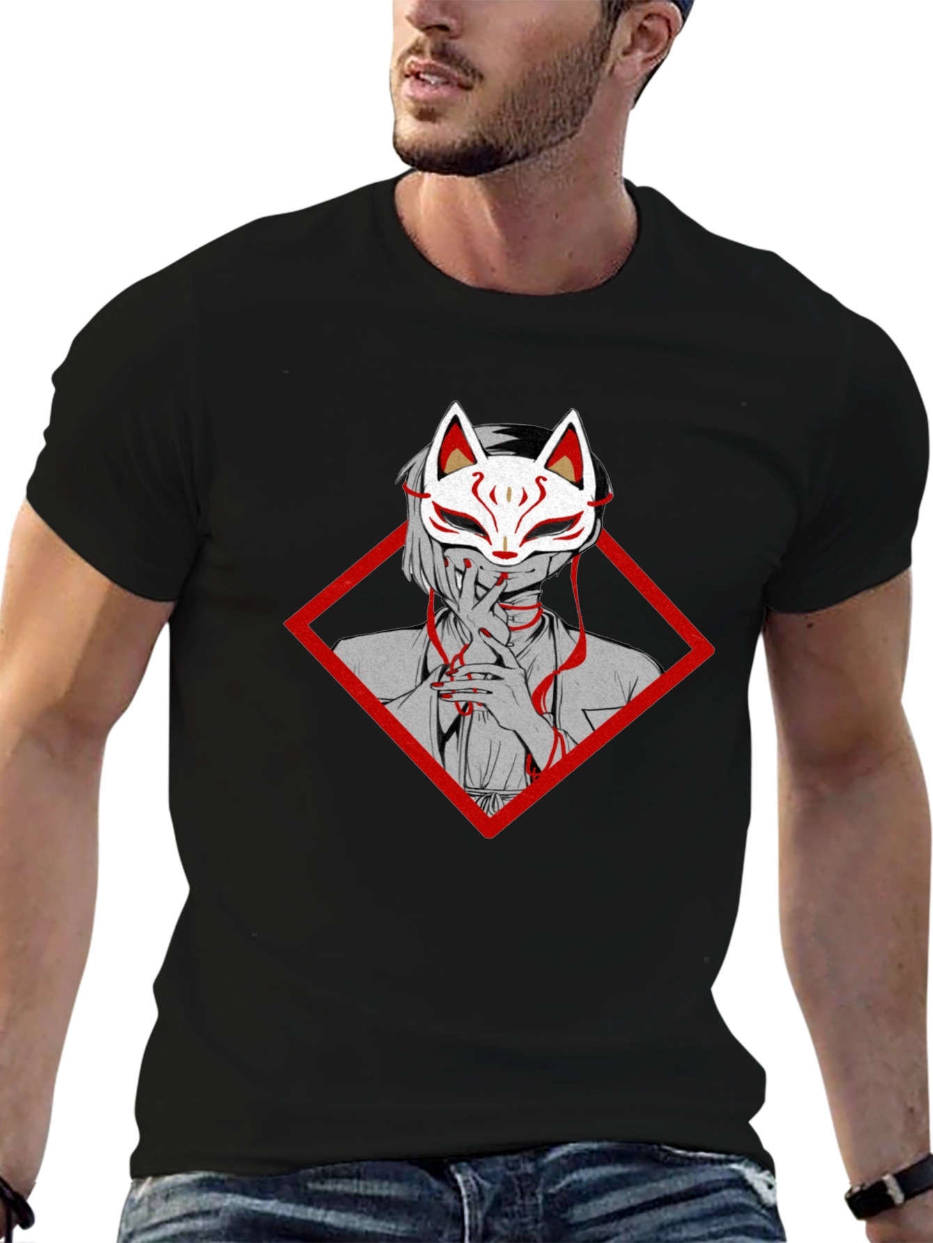 Anime Fox Mask Graphic Tee - Black Cotton T-Shirt