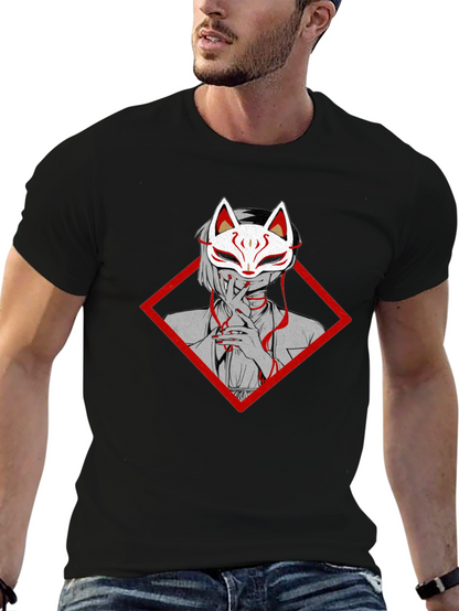 Anime Fox Mask Graphic Tee - Black Cotton T-Shirt