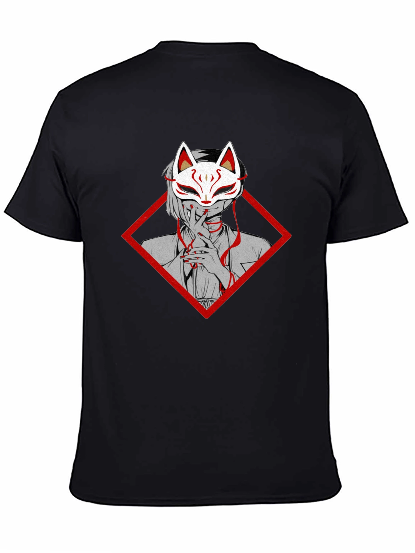 Anime Fox Mask Graphic Tee - Black Cotton T-Shirt