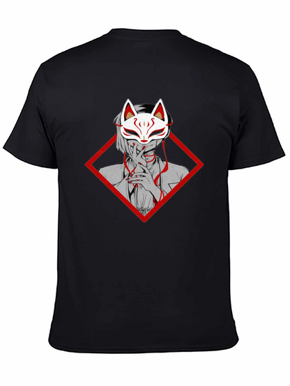 Anime Fox Mask Graphic Tee - Black Cotton T-Shirt