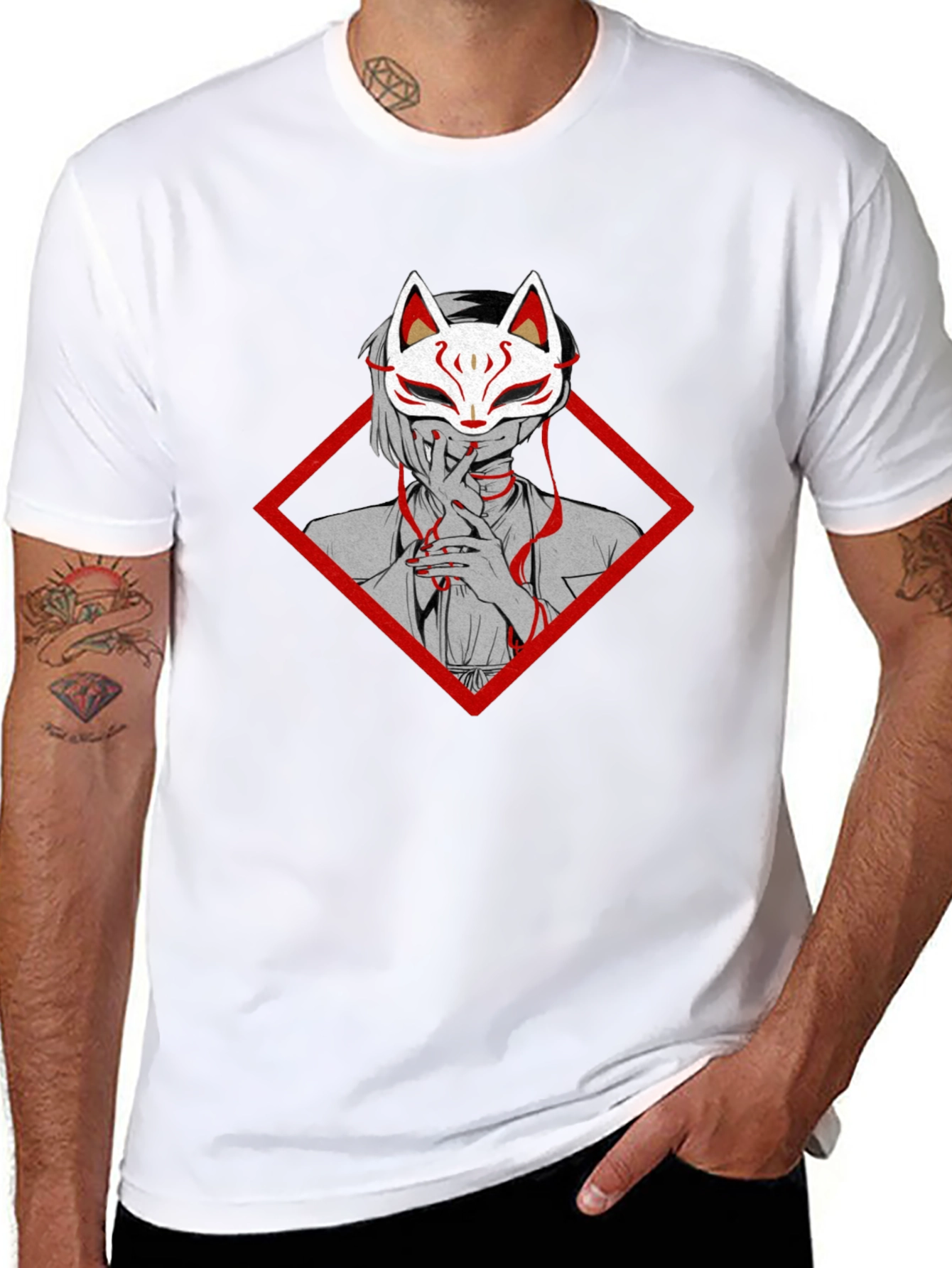 Anime Fox Mask Graphic Tee - Black Cotton T-Shirt