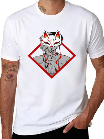 Anime Fox Mask Graphic Tee - Black Cotton T-Shirt