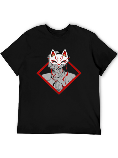Anime Fox Mask Graphic Tee - Black Cotton T-Shirt