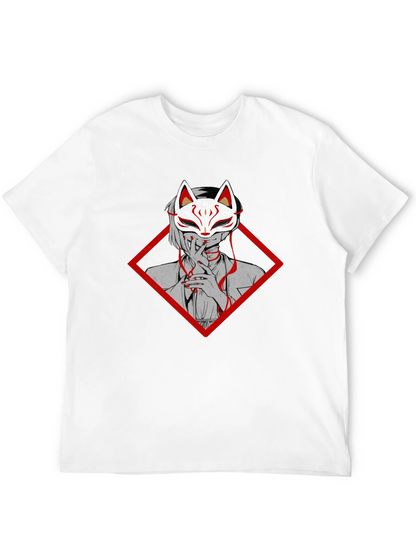 Anime Fox Mask Graphic Tee - Black Cotton T-Shirt