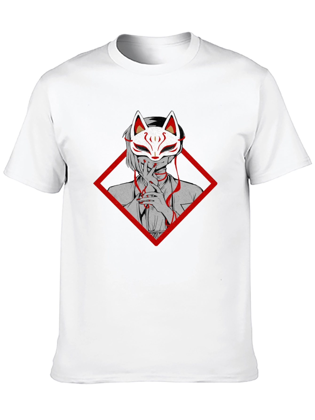 Anime Fox Mask Graphic Tee - Black Cotton T-Shirt
