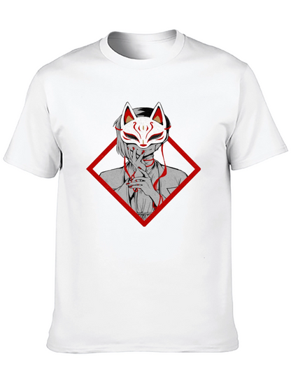 Anime Fox Mask Graphic Tee - Black Cotton T-Shirt