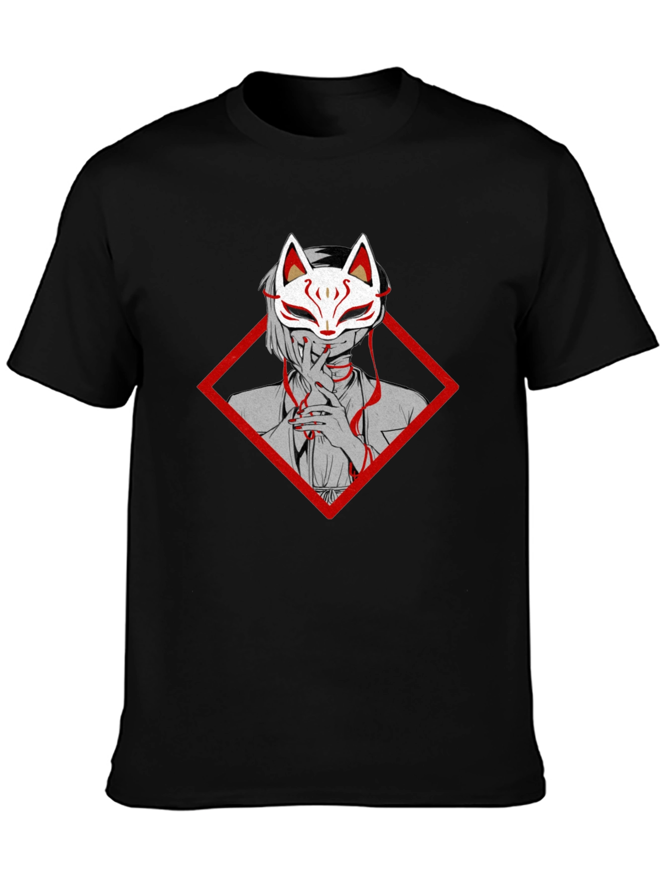 Anime Fox Mask Graphic Tee - Black Cotton T-Shirt