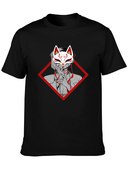 Anime Fox Mask Graphic Tee - Black Cotton T-Shirt