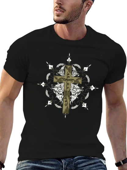 Gothic Cross Graphic Tee - Black Crew Neck