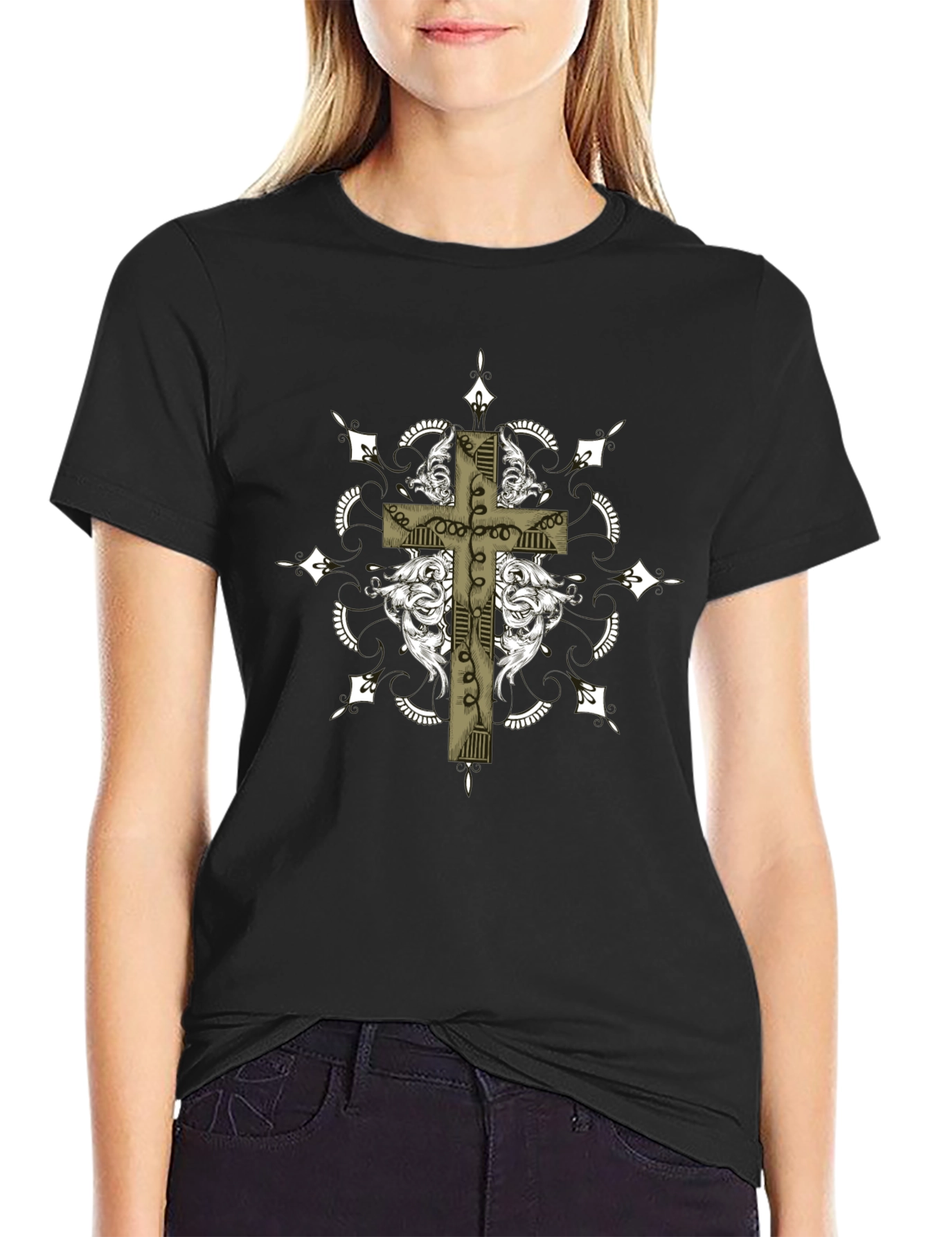 Gothic Cross Graphic Tee - Black Crew Neck