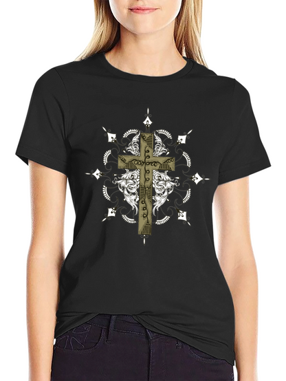 Gothic Cross Graphic Tee - Black Crew Neck