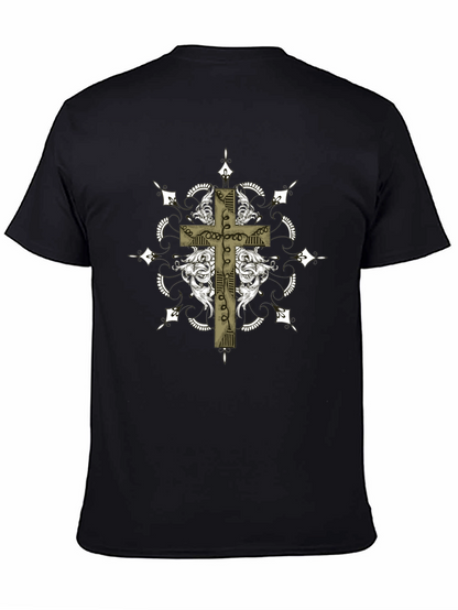 Gothic Cross Graphic Tee - Black Crew Neck
