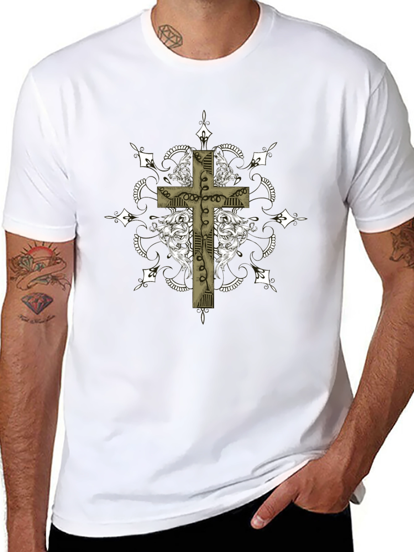 Gothic Cross Graphic Tee - Black Crew Neck