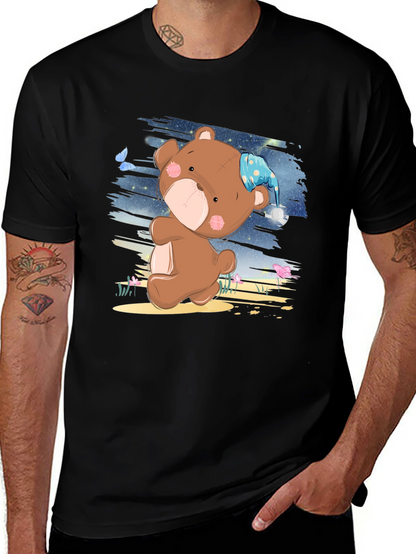 Cute Cartoon Teddy Bear Graphic Print Black T-Shirt