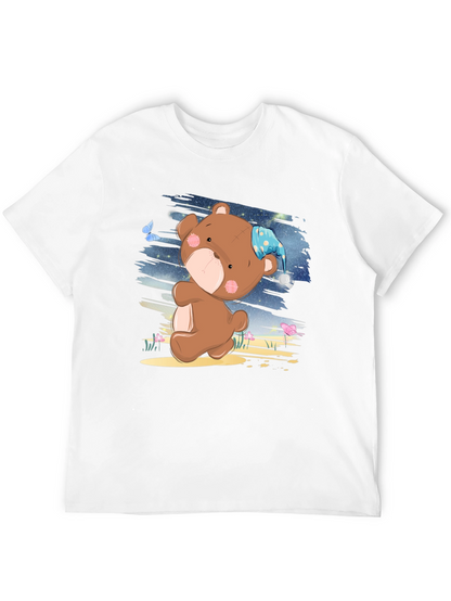 Cute Cartoon Teddy Bear Graphic Print Black T-Shirt