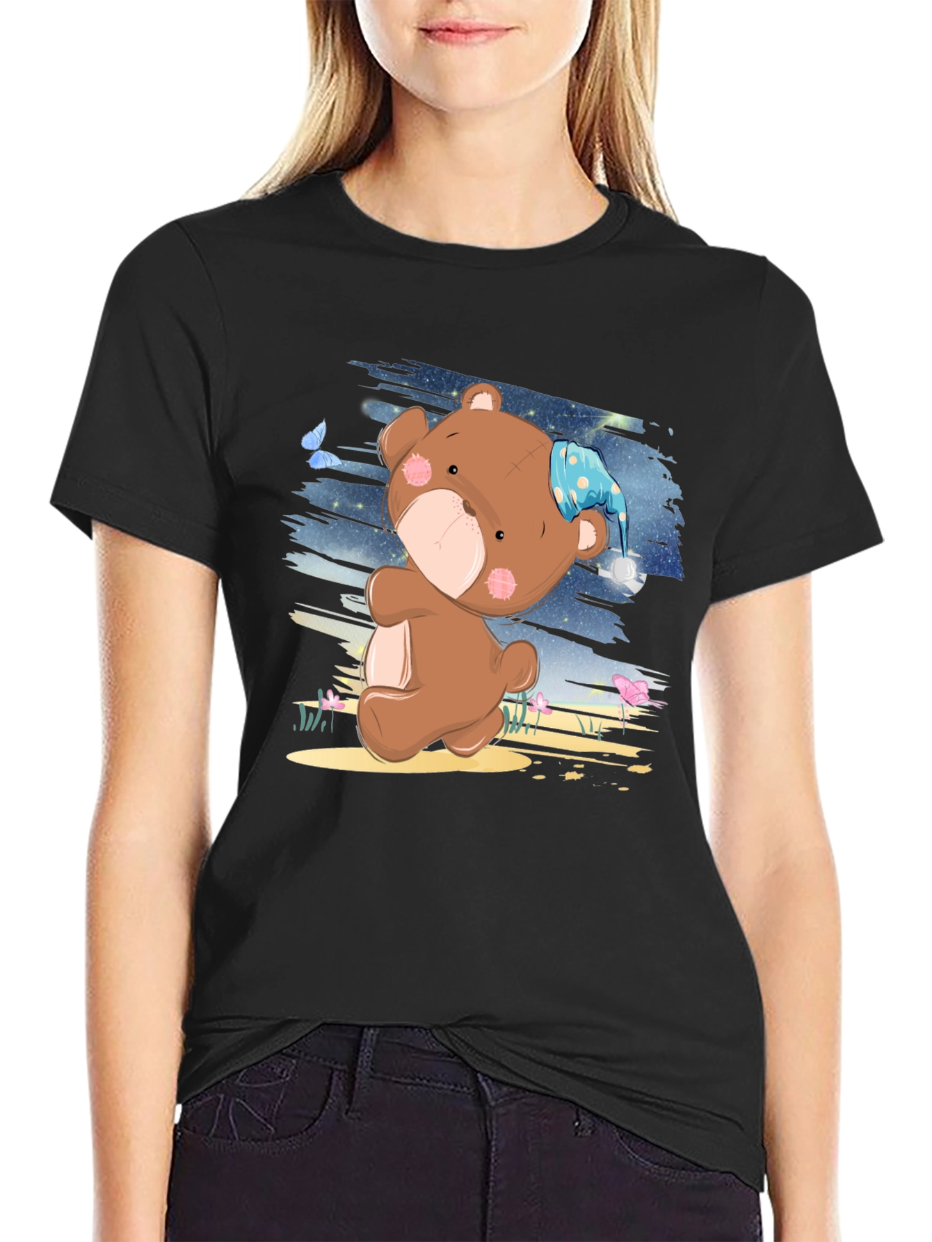Cute Cartoon Teddy Bear Graphic Print Black T-Shirt