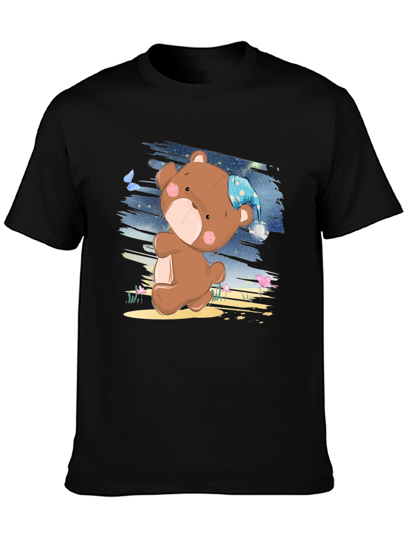 Cute Cartoon Teddy Bear Graphic Print Black T-Shirt
