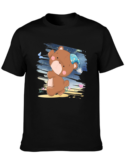 Cute Cartoon Teddy Bear Graphic Print Black T-Shirt