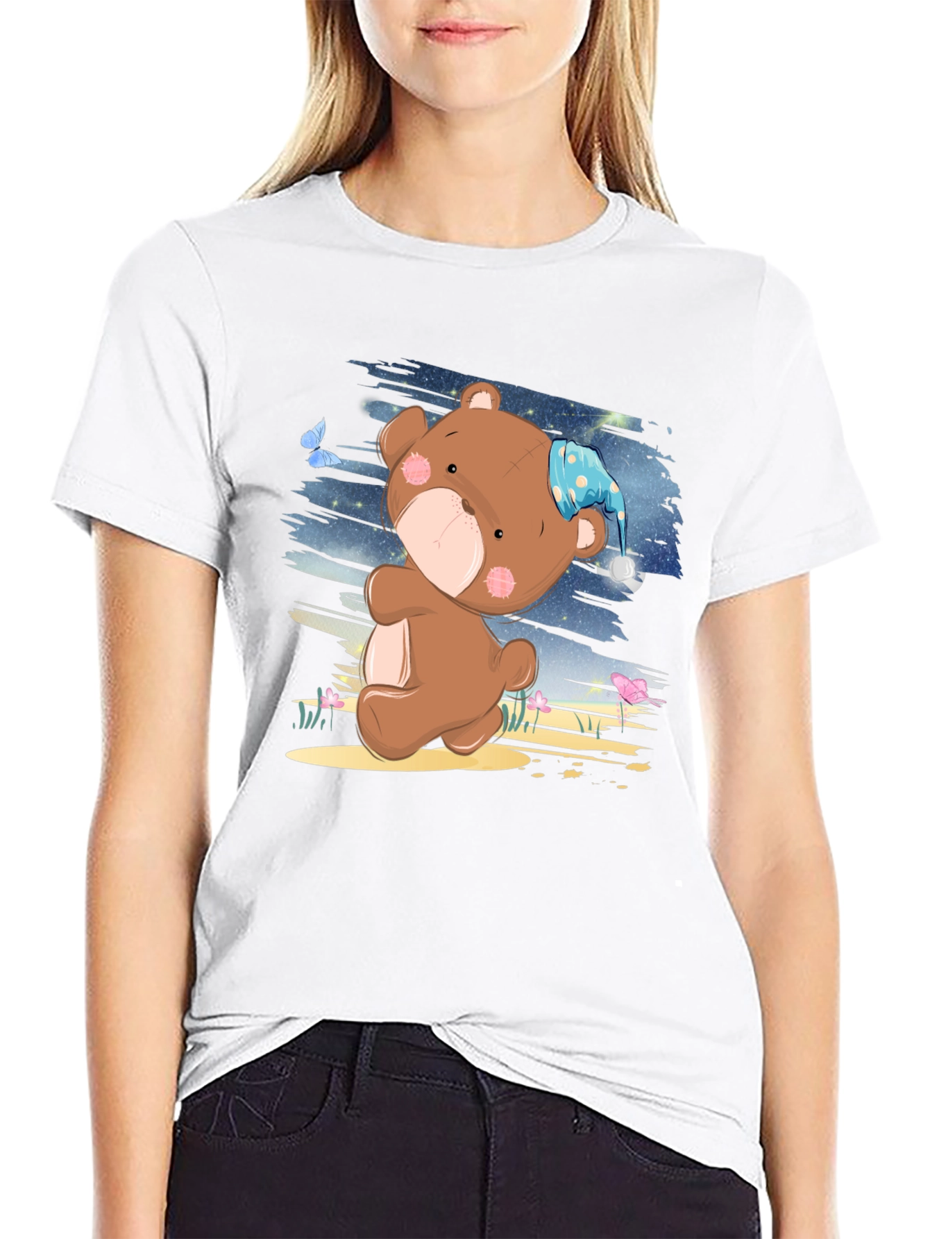 Cute Cartoon Teddy Bear Graphic Print Black T-Shirt