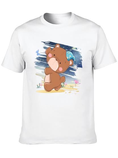 Cute Cartoon Teddy Bear Graphic Print Black T-Shirt