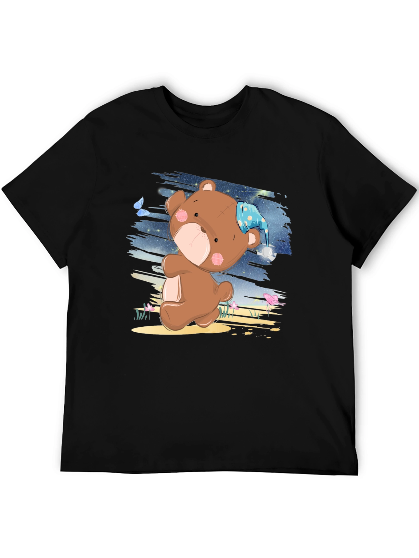 Cute Cartoon Teddy Bear Graphic Print Black T-Shirt