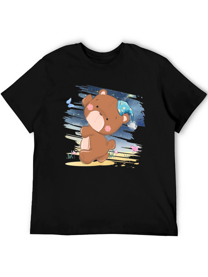 Cute Cartoon Teddy Bear Graphic Print Black T-Shirt