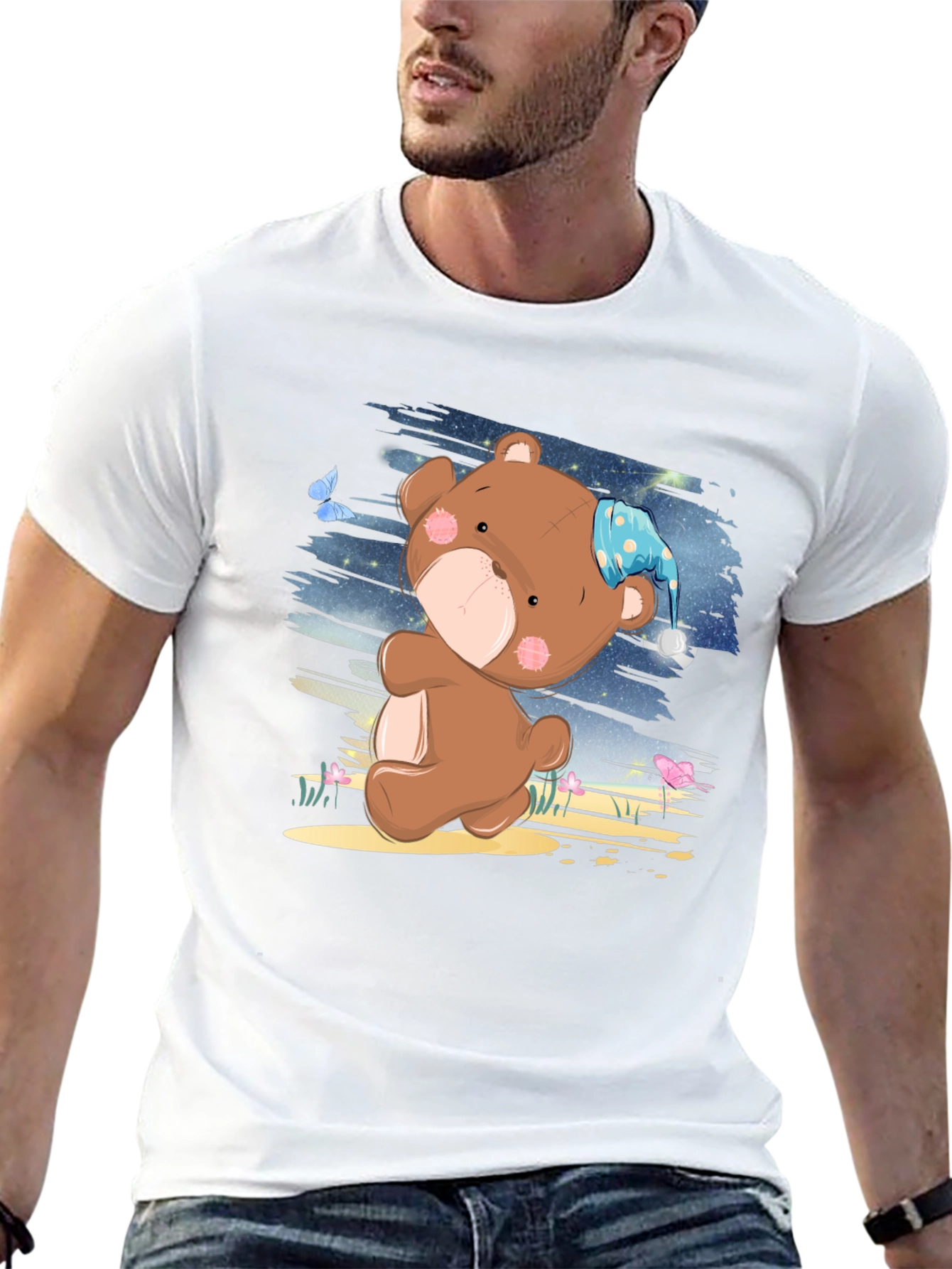 Cute Cartoon Teddy Bear Graphic Print Black T-Shirt