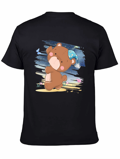 Cute Cartoon Teddy Bear Graphic Print Black T-Shirt