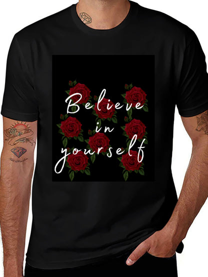 Believe in Yourself Rose Graphic Black T-Shirt