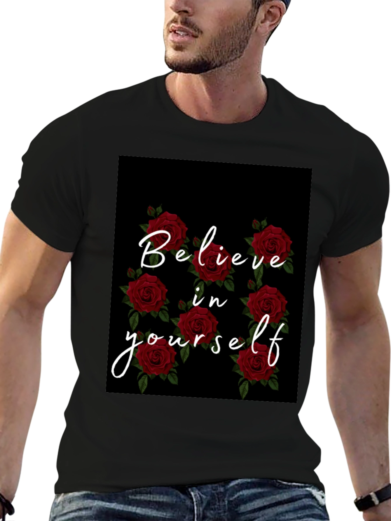 Believe in Yourself Rose Graphic Black T-Shirt