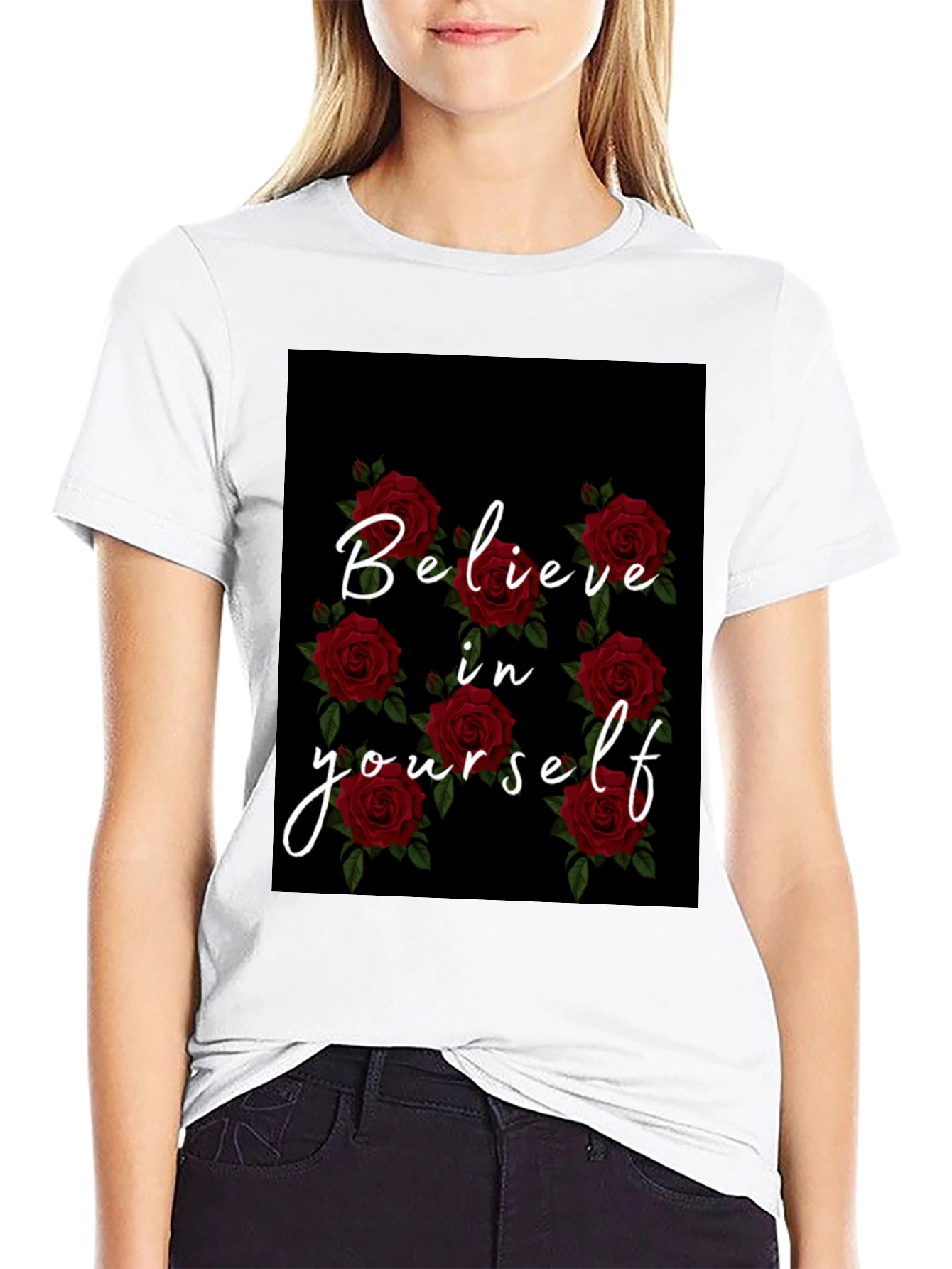 Believe in Yourself Rose Graphic Black T-Shirt