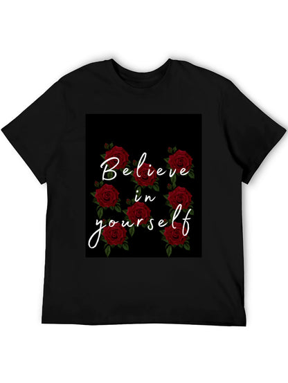 Believe in Yourself Rose Graphic Black T-Shirt