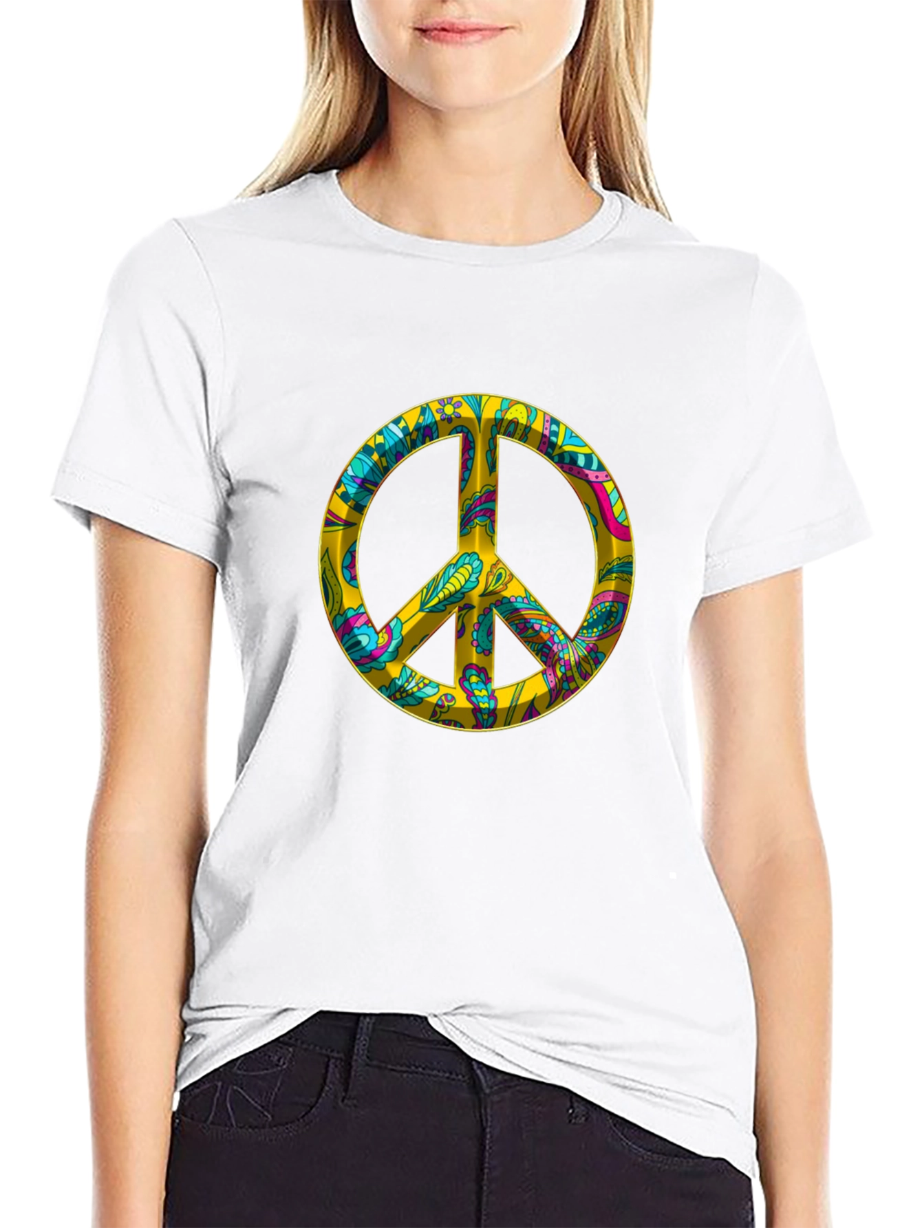 Peace Sign Graphic Tee - Black Cotton Blend T-Shirt