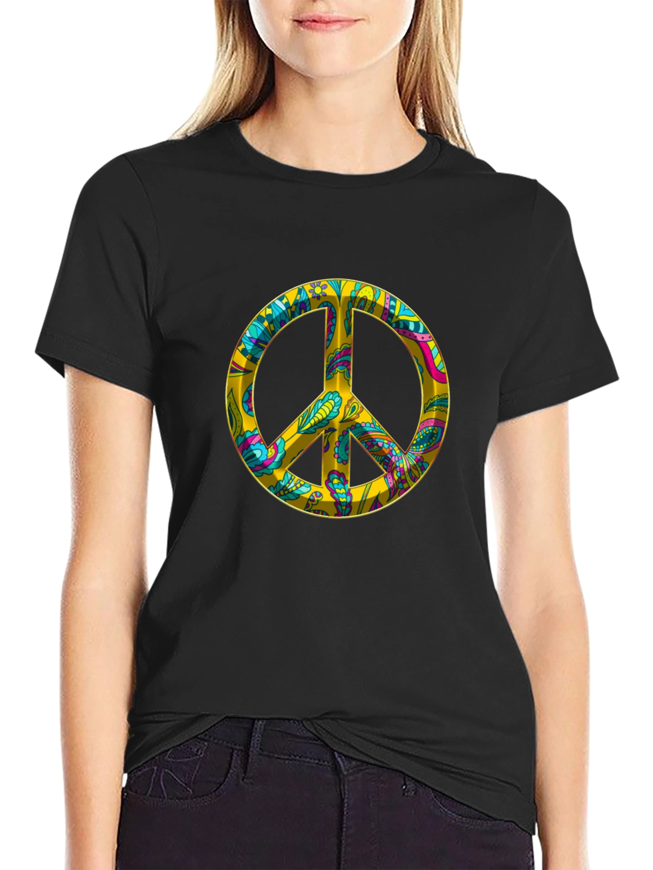 Peace Sign Graphic Tee - Black Cotton Blend T-Shirt
