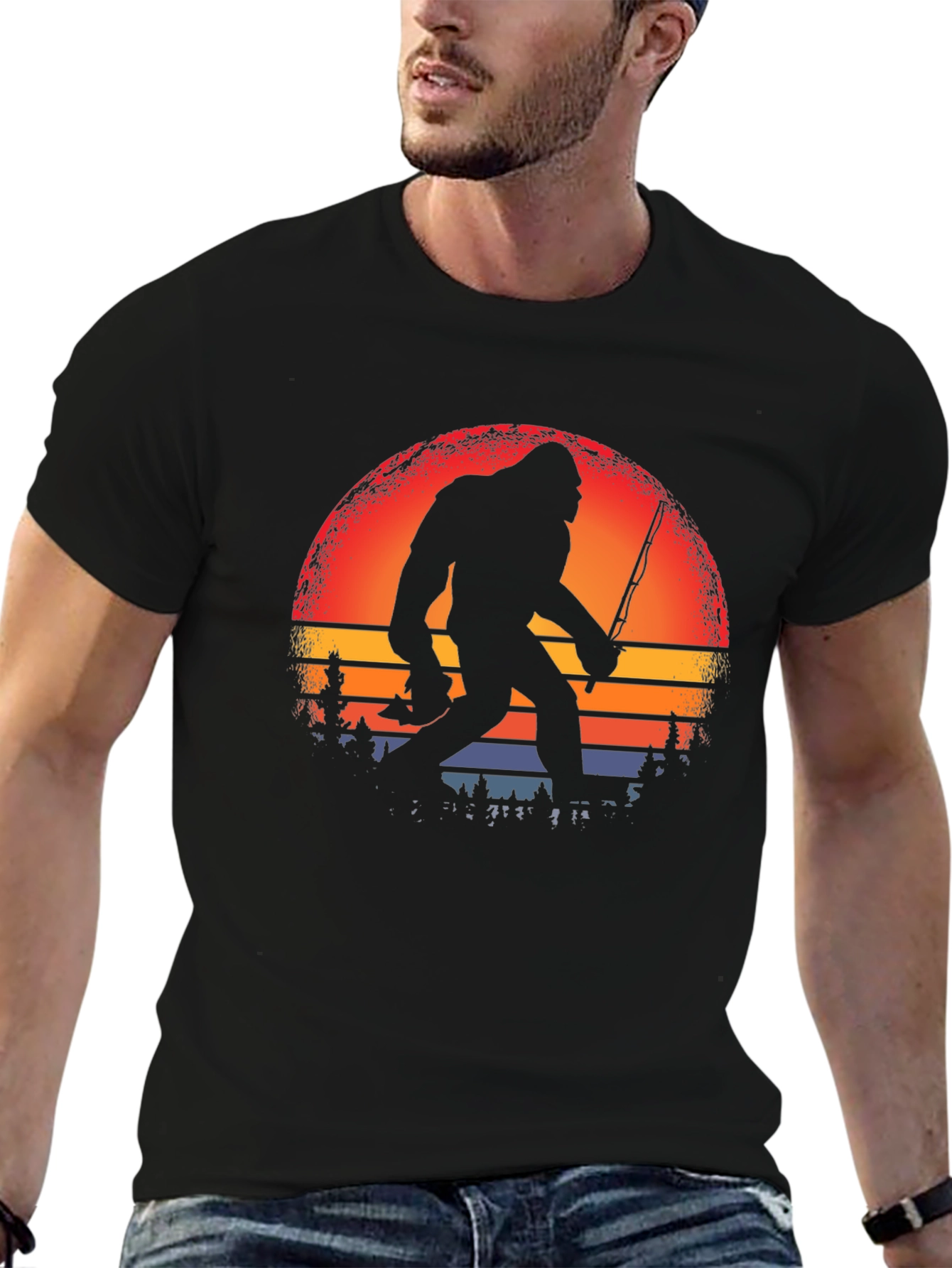 Bigfoot Fishing Sunset Graphic Tee