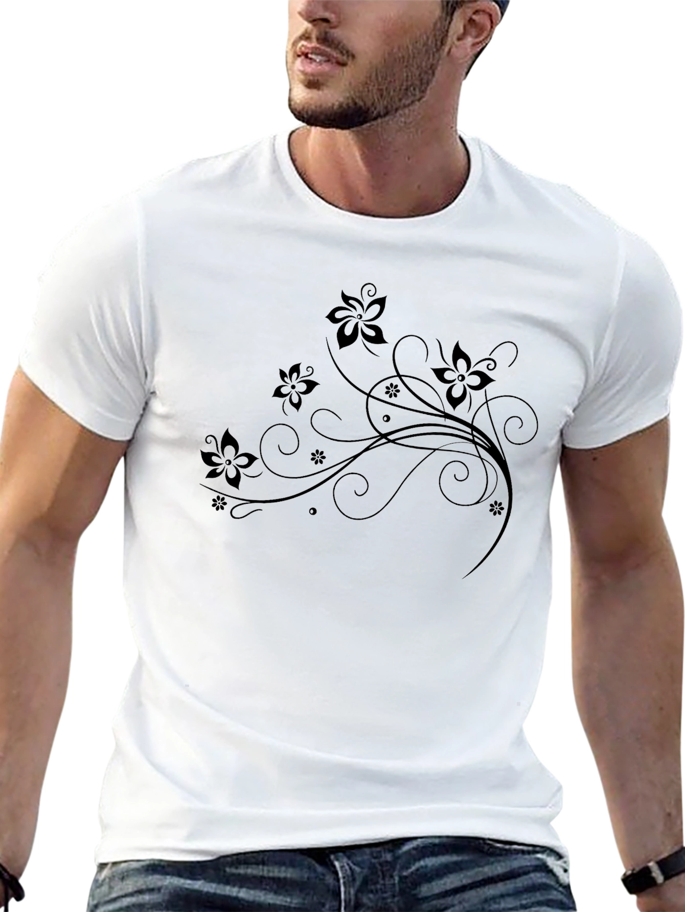 Floral Swirl Tee - Elegant Black T-Shirt