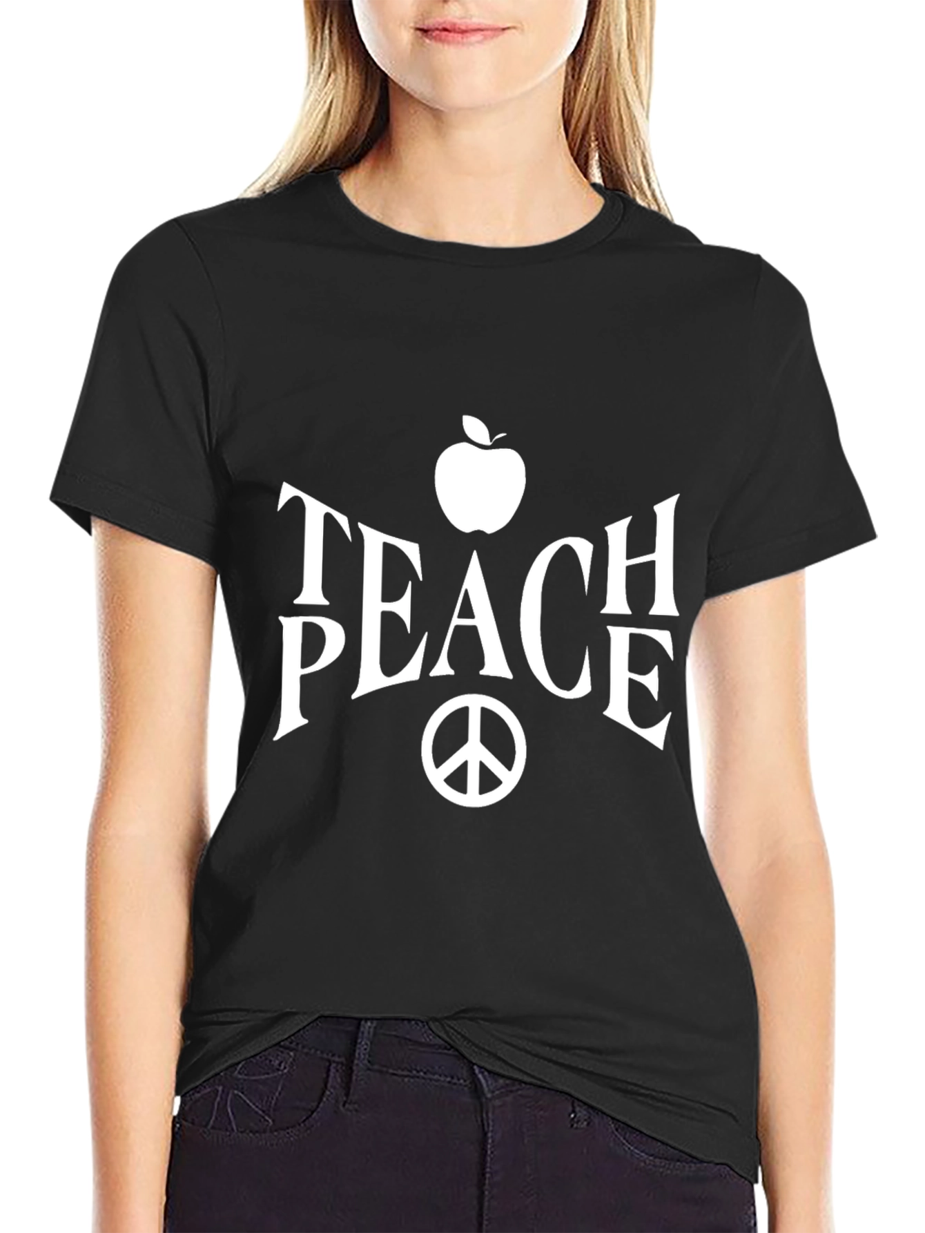 Teach Peace T-Shirt Apple & Peace Sign Graphic Black